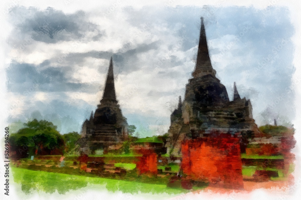 Landscape of ancient ruins in Ayutthaya World Heritage watercolor painting impressionist painting.