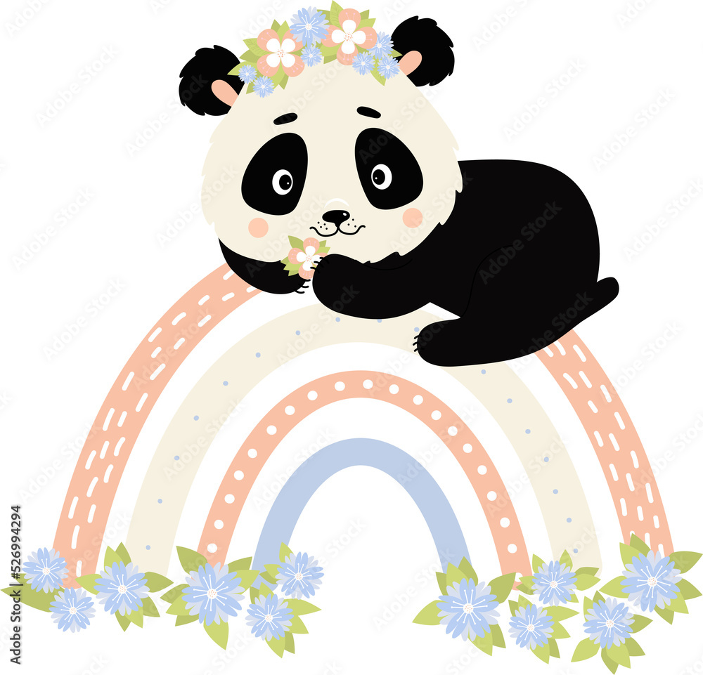 Obraz premium Cute panda on rainbow with flowers