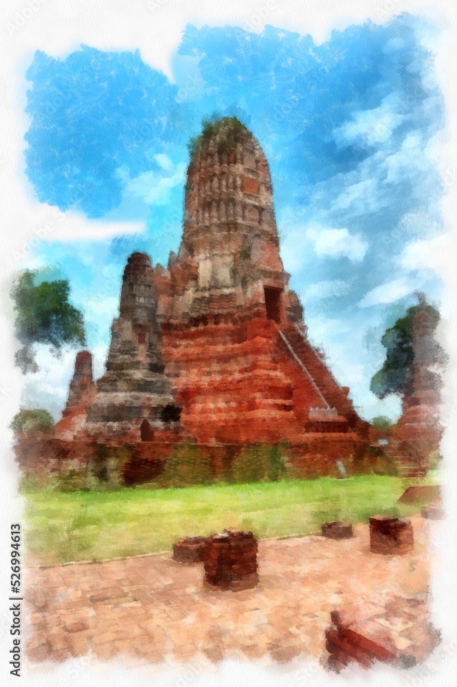Landscape of ancient ruins in Ayutthaya World Heritage watercolor painting impressionist painting.