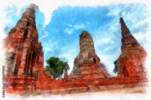 Landscape of ancient ruins in Ayutthaya World Heritage watercolor painting impressionist painting. © Kittipong