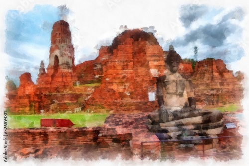 Landscape of ancient ruins in Ayutthaya World Heritage watercolor painting impressionist painting. © Kittipong