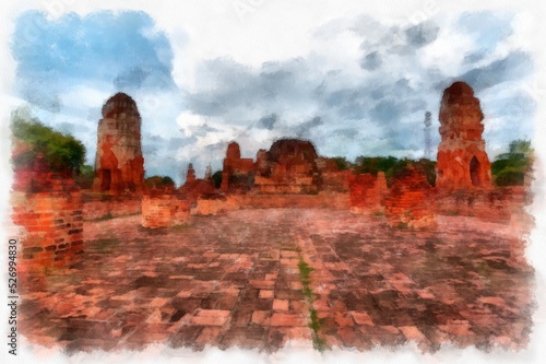 Landscape of ancient ruins in Ayutthaya World Heritage watercolor painting impressionist painting.