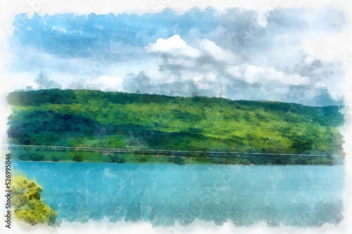 landscape of lakes and mountains watercolor style illustration impressionist painting.