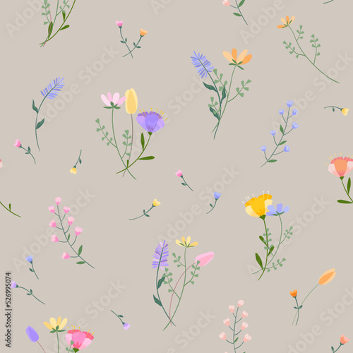 Vector floral seamless pattern. Set of leaves  wildflowers  twigs  floral arrangements. Beautiful compositions of field grass and bright spring flowers on grey background.
