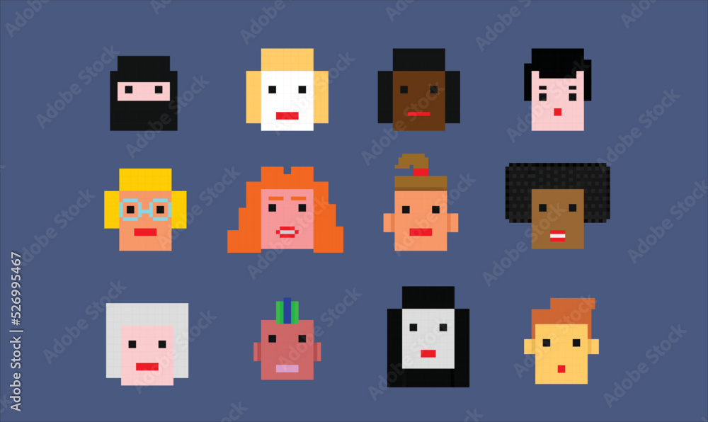 Vector female avatars set. 8 bit retro game style. Pixel art, team, group, woman, heads, faces, cartoon, cute characters portraits Vector female avatars set. 8 bit retro game style. Pixel art, team, group, woman, heads, faces, cartoon, cute characters portraits