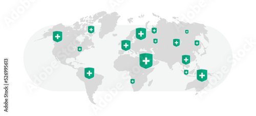 Epidemic mers cov flu spreading of world people putting medical shield pins of countries with coronavirus infection wuhan 2019 ncov pandemic medical health risk concept flat vector illustration.