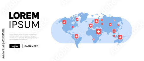Epidemic mers cov flu spreading of world people putting medical shield pins of countries with coronavirus infection wuhan 2019 ncov pandemic medical health risk concept flat vector illustration.