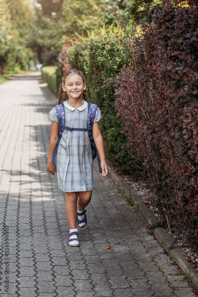 A little girl in a dress with pigtails holds large blue backpack and walks on road alley. First september day in elementary school. A little girl in a dress with pigtails holds large blue backpack and walks on road alley. First september day in elementary school.