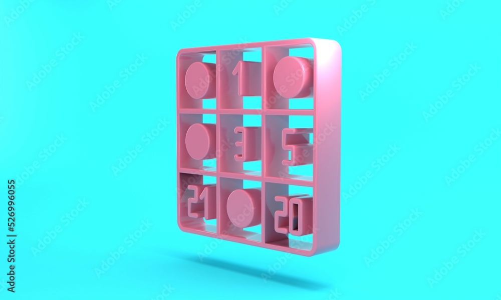 Pink Bingo card with lucky numbers icon isolated on turquoise blue background. Minimalism concept. 3D render illustration