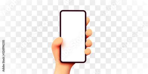 Cute 3D cartoon hand holding mobile smart phone. Transparent background. Modern mockup. Vector illustration