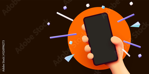 Cute cartoon hand holding mobile smart phone. Modern mockup. Vector illustration