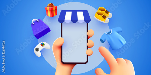 Hand holding mobile smart phone with shopp app and fashion items. Online shopping concept. Vector illustration