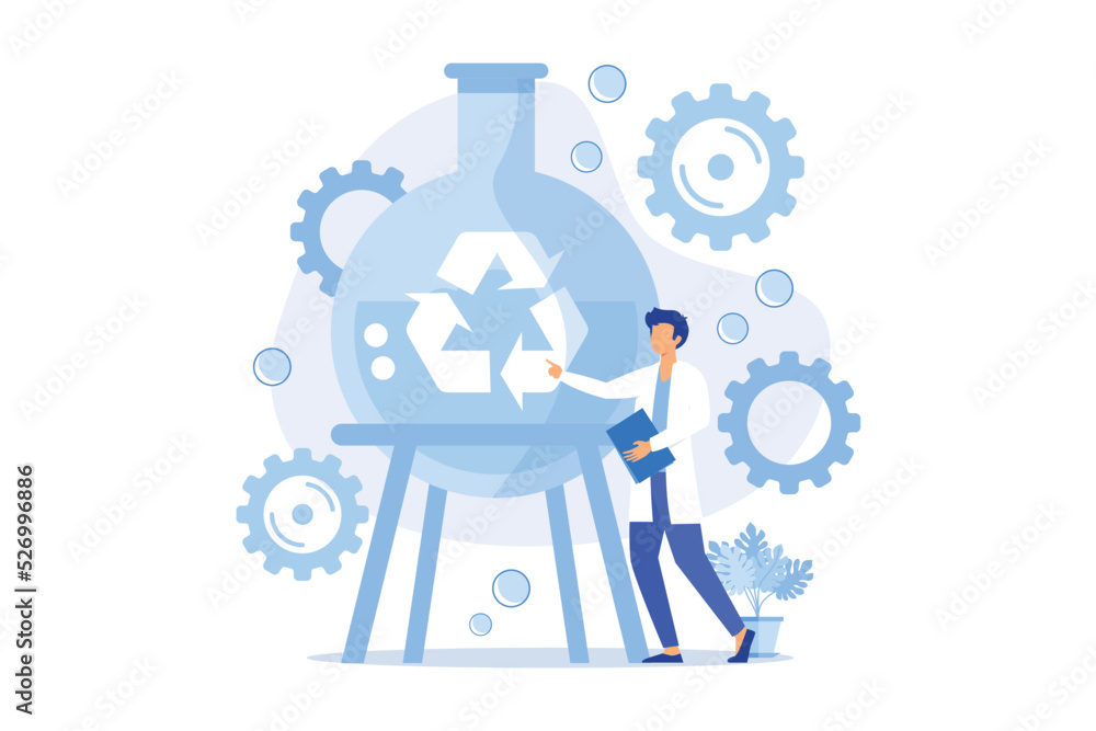 Pharmaceutical research. Chemical liquid analysis, lab testing, bio drug analyzing. Fluid in recycling glassware. Laboratory worker cartoon character. flat vector modern illustration Pharmaceutical research. Chemical liquid analysis, lab testing, bio drug analyzing. Fluid in recycling glassware. Laboratory worker cartoon character. flat vector modern illustration