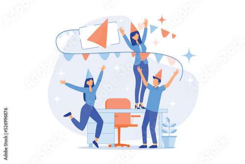Office workers, coworkers having fun together. Corporate party, special event celebration, business success. Company staff, colleagues in festive hats. flat vector modern illustration