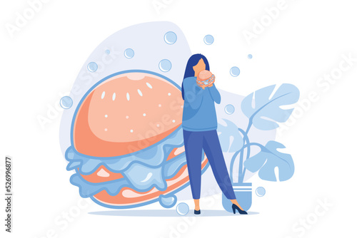 Hungry woman eating burger. Fast food addiction, excessive eating, high calorie meal. Girl with huge appetite, overeating and gluttony. flat vector modern illustration