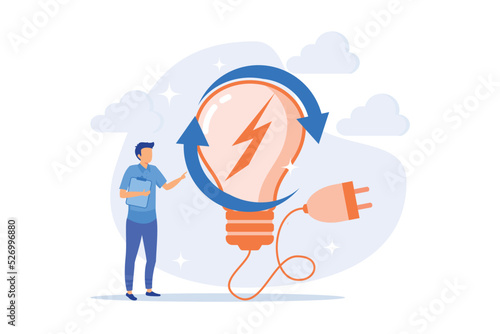 Electric charge, electricity generation, light production. Female PC user with electrical appliance cartoon character. Device charging. flat vector modern illustration