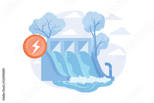 Hydroelectric power station  water mass energy using  dam and reservoir. Channel streams and tidal movements power  hydro energy generation flat vector modern illustration