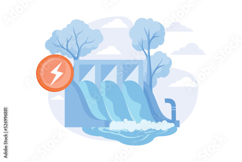 Hydroelectric power station, water mass energy using, dam and reservoir. Channel streams and tidal movements power, hydro energy generation flat vector modern illustration
