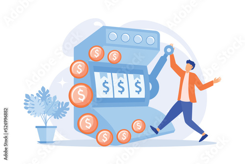 Happy man won jackpot in casino. Lucky gambler receiving money prize. Risky entertainment. Slot machine, one armed bandit, gambling addiction. flat vector modern illustration