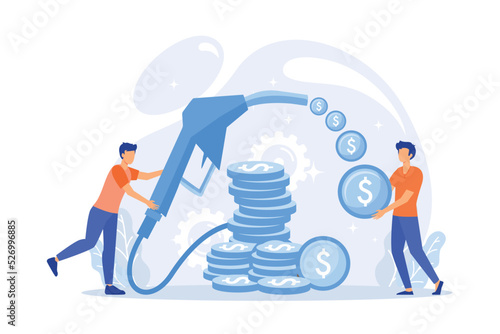 Oil refining industry, gasoline business, fuel company. Petrol station, receiving money from benzine sale, petroleum revenue metaphors. lat vector modern illustration