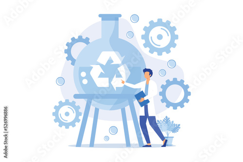 Pharmaceutical research. Chemical liquid analysis, lab testing, bio drug analyzing. Fluid in recycling glassware. Laboratory worker cartoon character. flat vector modern illustration
