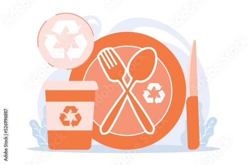 Eco friendly reusable tableware. Plastic free cutlery, ecological outdoor kitchenware, disposable paper cup. Cartoon recyclable plate, knife and fork. flat vector modern illustration