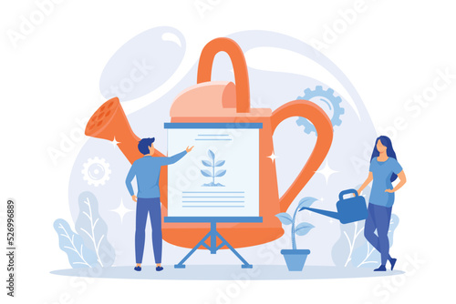 Bio fertilizer testing. Growing sprout, gardening course, horticulture industry. Plant cultivation and fertilization. Woman watering tree sapling. flat vector modern illustration