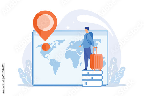 Man on holiday adventure. International tourism, worldwide sightseeing tour, student exchange program. Tourist with backpack traveling abroad. flat vector modern illustration