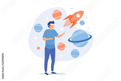 Virtual reality space exploration. Innovative education technology, modern entertainment, immersive experience. Man in VR headset observing cosmos. flat vector modern illustration