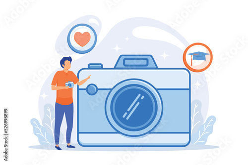 Photography course. Journalist, photographer, paparazzi. Male cartoon character taking photos on camera. Creative occupation, artistic profession. flat vector modern illustration