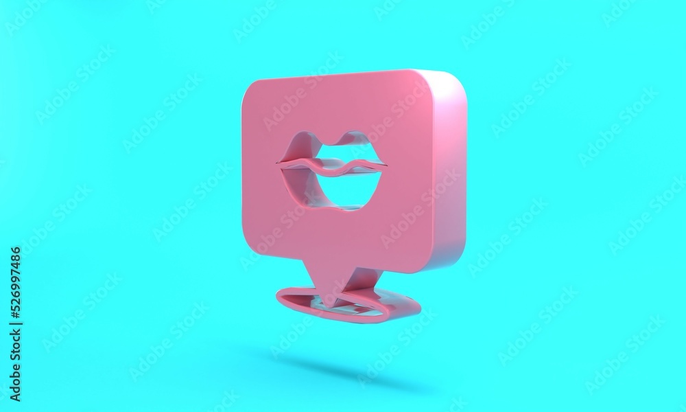 Pink Smiling lips icon isolated on turquoise blue background. Smile symbol. Minimalism concept. 3D render illustration