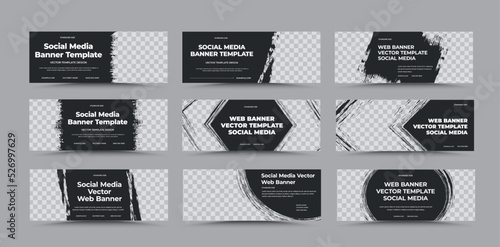 EPS horizontal vector web banner template, black background with text, company info, place for photo, brochure design in brush strokes. Set.