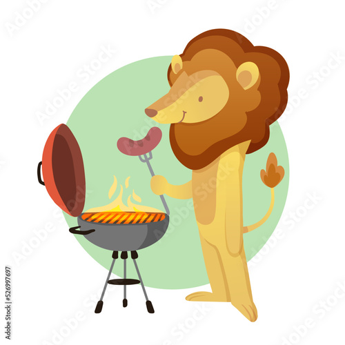 BBQ cute vector illustration. Lion cookâ€™s sausages on the bbq party. Vector illustration for invitation