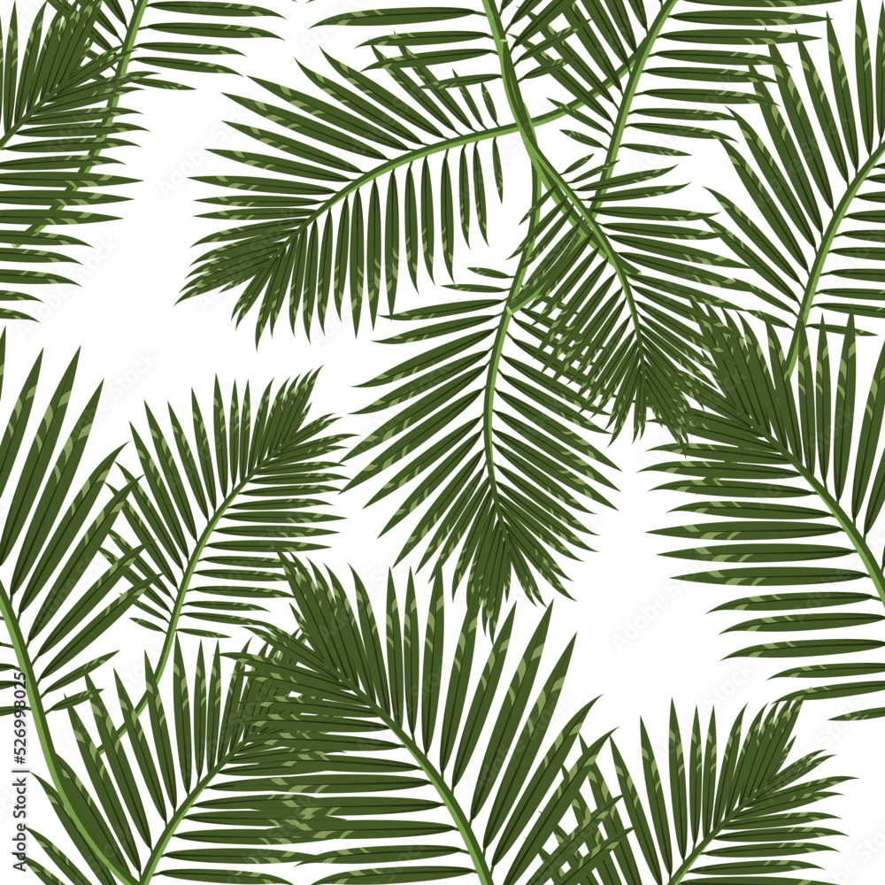 Seamless bright pattern of palm leaves on a white background.Vector natural pattern can be used in textiles,packaging,notebook covers, pastel linen, postcards.