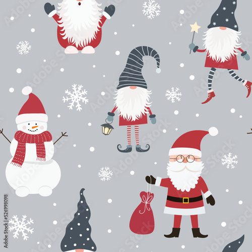 Christmas seamless pattern with scandinavian gnomes  snowman  Santa Claus and snowflakes.