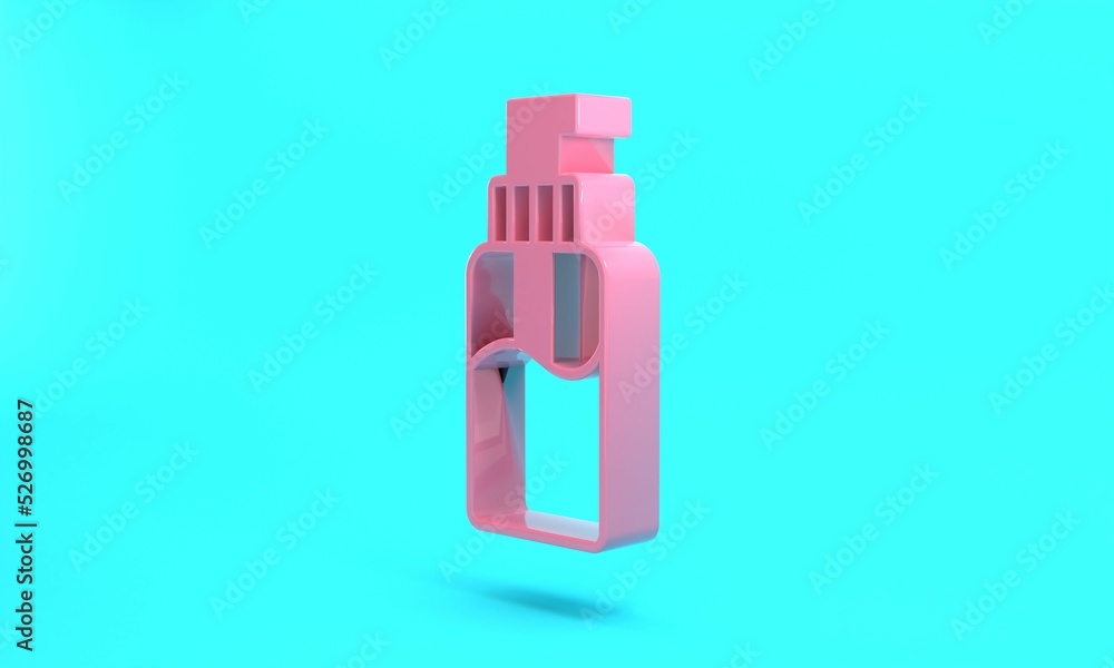 Pink Bottle of liquid antibacterial soap with dispenser icon isolated on turquoise blue background. Disinfection, hygiene, skin care concept. Minimalism concept. 3D render illustration Pink Bottle of liquid antibacterial soap with dispenser icon isolated on turquoise blue background. Disinfection, hygiene, skin care concept. Minimalism concept. 3D render illustration