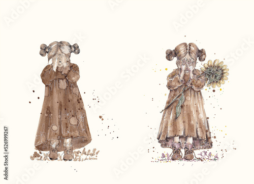 Graphic illustration of two crying little girls in beggarly clothes. One child with a sunflower in his hands. The drawing is made on a light background with splashes of watercolor and coffee