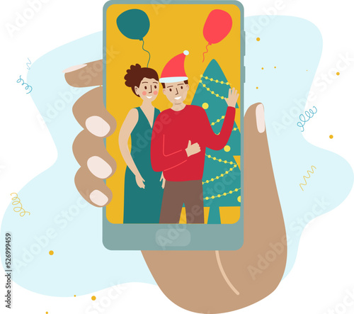 Christmas online greeting on phone screen. Family, couple, young people are video chatting. Video calling, virtual discussion. Flat vector illustration