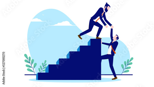 Career help - Businessman supporting and helping man getting to the top in business. Flat design vector illustration with white background