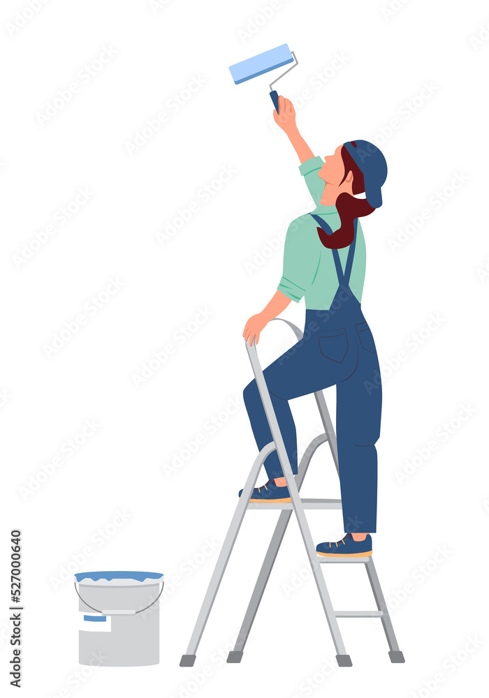 A girl stands on a stepladder and paints the wall with a roller. Next to her is a can of paint. Decorator woman. Illustration in cartoon style on a white background A girl stands on a stepladder and paints the wall with a roller. Next to her is a can of paint. Decorator woman. Illustration in cartoon style on a white background