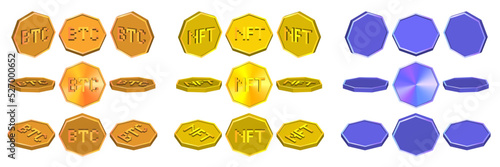Vector 3d set of volumetric octagonal tokens or coins with the letters BTC, NFT in several projections on an isolated white background. Cryptocurrency