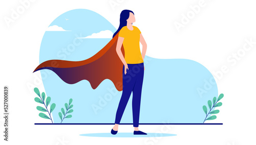 Casual superhero woman - Female person standing proud with cape being a super hero. Flat design vector illustration with white background