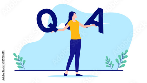 Q and A woman - Female person holding the letters q and a in hands. Flat design vector illustration with white background