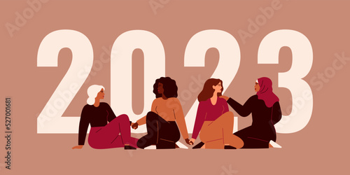 Strong women sit together near 2023 and hold hands. Happy new year banner with girls of different nationalities and cultures. Concept of unity and female empowerment movement. Vector illustration