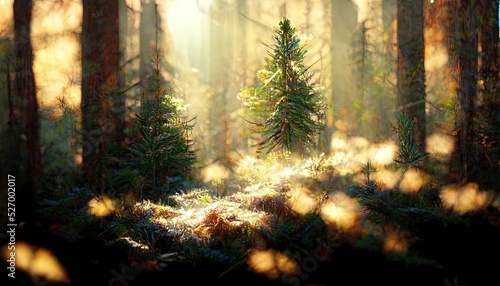 illustration sunlight in the coniferous forest