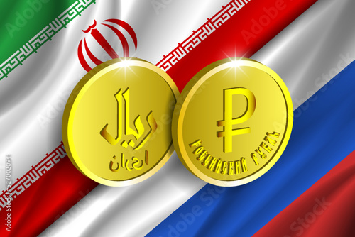 Vector 3d coins.  The inscriptions in persian mean Iranian riyal . In Russian - russian ruble. Currency symbols of Iran and Russia. Wavy flags of countries