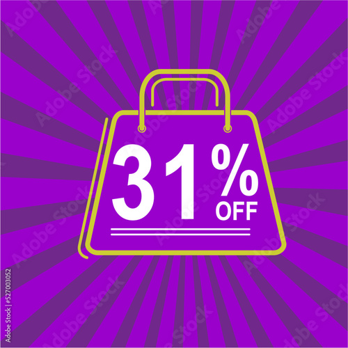 31% off. Purple, white and yellow banner with thirty one percent discount. Shopping bag concept vector.