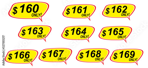 Sale tags collection from 160% to 169%, one hundred and sixty to one hundred and sixty nine only, vector illustration.