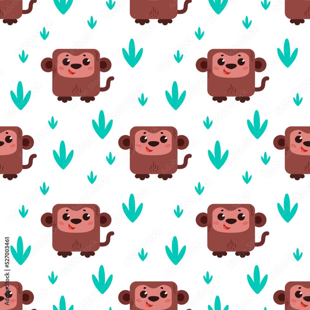 A monkey in the grass. Pattern with cute cartoon animals. Kawaii children's  print with pets. Vector illustration for fabric, paper, wallpaper,  packaging Stock Vector | Adobe Stock