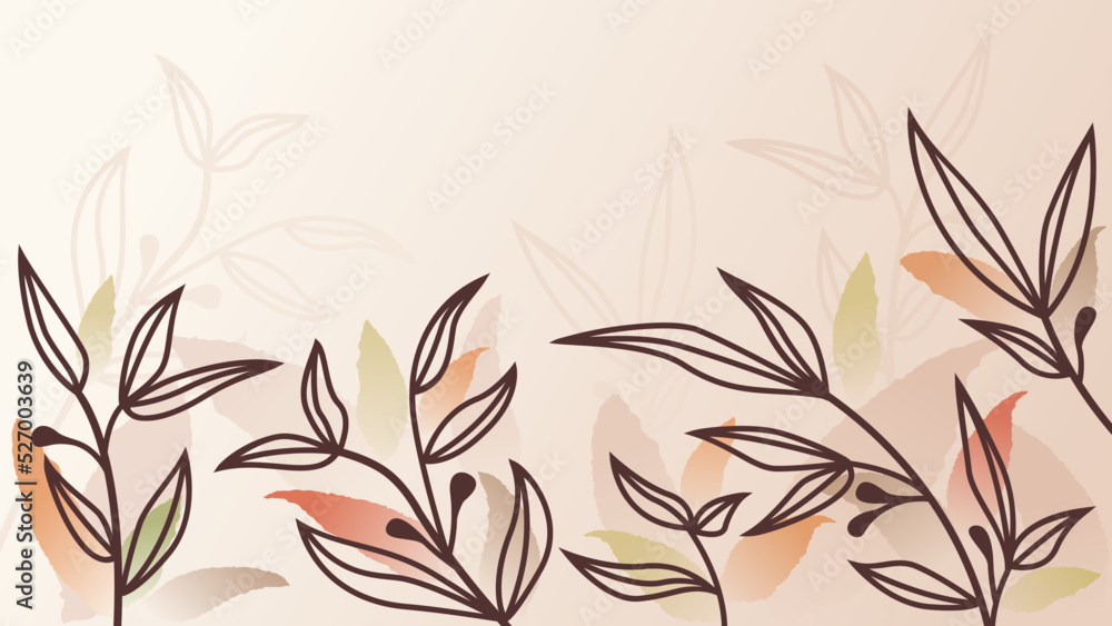 Fototapeta premium Abstract autumn season vector beige background with line art leaves. 